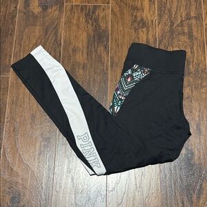 PINK Victoria's Secret Black Leggings with White and Multicolor Design